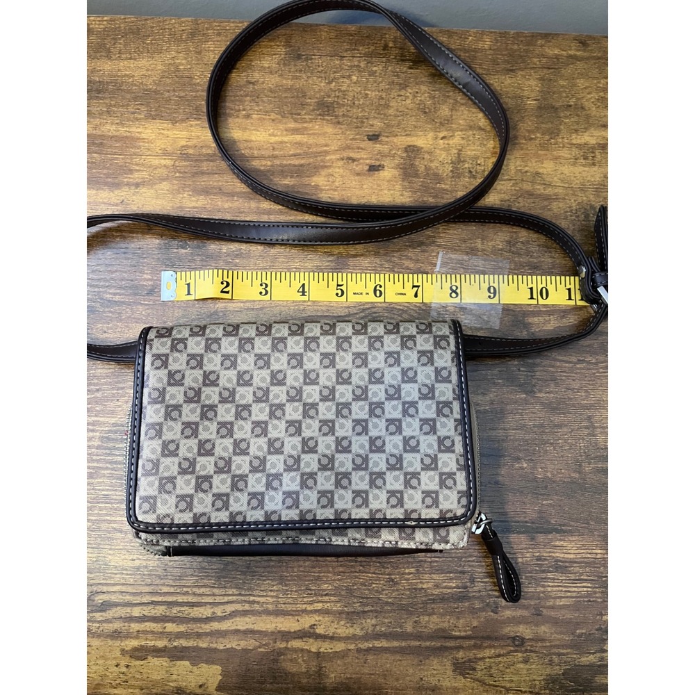 Liz Claiborne Monogram Crossbody Bag Brown Tan Logo Print Wallet Purse
